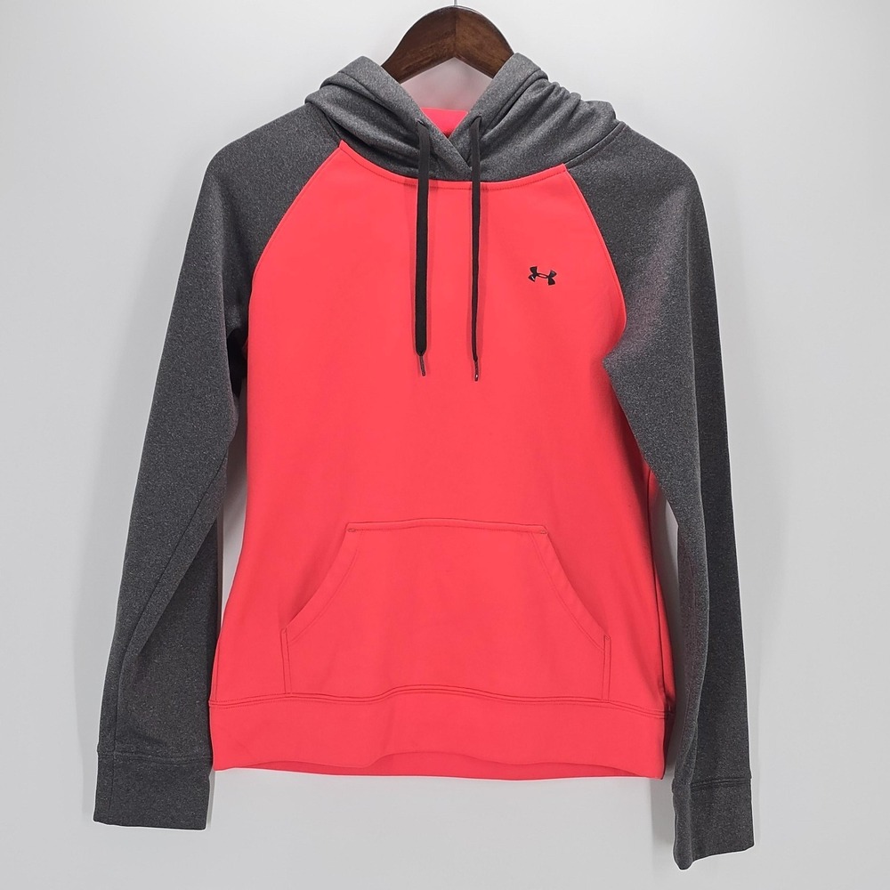 Under Armour Hoodie Womens Small Pink Gray Raglan Fleece Pullover Sweatshirt